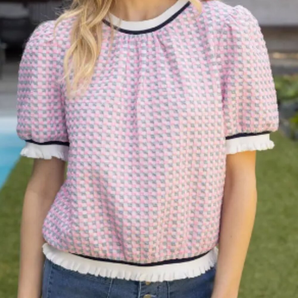 599. Striped Band Detailed Gingham Knit Top